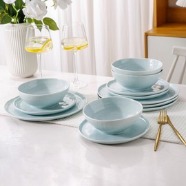 LERATIO Ceramic Dinnerware Sets of 4,Porcelain Plates and Bowls Sets with Wavy Edge,Microwave & Dishwasher & Oven Safe,Light Weight & Scratch Resistant Dishes Sets-Service for 4 (12pcs)-Light Blue
