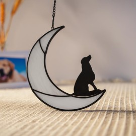 BOXCASA Dog on Moon Decor Stained Glass Window Hangings,Stained Glass Suncatcher for Window Dog Memorial Gifts, for Dog Lovers,Loss of Dog Sympathy Gift for Pet Loss Gifts