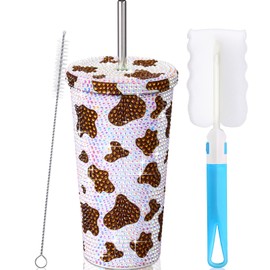 Yaomiao Thank You Gift 17 oz Bling Rhinestone Cow Print Tumbler Glitter Cow Water Bottle with Lid and Straw Cup Stainless Steel Vacuum Insulated Cup with Brush for Staff Coworker Employee Gifts(Brown)