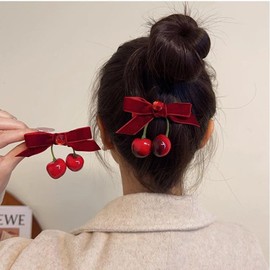 2pcs Cute Red Cherry Bow Hair Clips, Cute Sweet Rhinestone Hair Accessories, Velvet Ponytail Barrettes, Red Fruit Hair Barrettes, Women's Fashion Accessories Clips