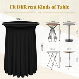 Lumaycens 6 Pack Round Spandex Cocktail Tablecloths with Skirt, 32 x 43 Inch Table Covers Natural Wavy Stretch Cocktail Table Tablecloth for High Top Bar Wedding Party Banquet (Black)