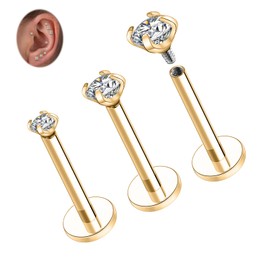 Titanium Lip Stud Labret Jewellery Gold Labret Stud Cartilage Earring 18G Helix Piercing 8 mm Internally Threaded Lip Jewellery Flat Back Lobe Earring with CZ Monroe Medusa Ring Conch Stud Sets 3 PCS