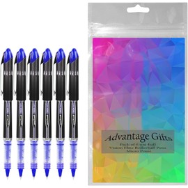 Uni-ball Vision Elite Rollerball Pens, Micro Point (0.5mm), Blue Ink, 6 count, Bundle with Plastic Reusable Pouch