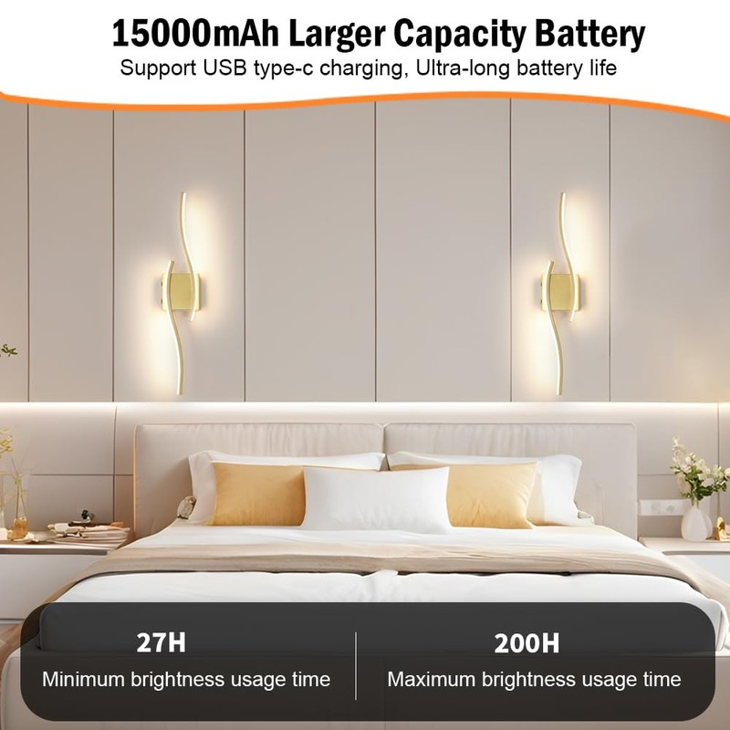 Battery Operated Wall Sconce Set of 2, Gold USB Rechargeable