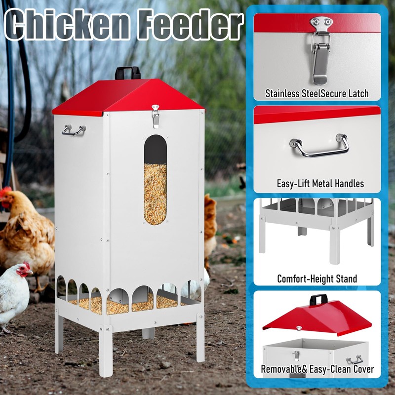 PAUQRWIE 70-80lbs Large Automatic Chicken Feeder with 16 Feeding Ports