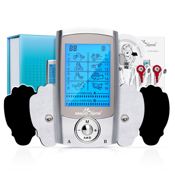 Easy@Home Rechargeable TENS Unit + EMS Muscle Stimulator, 2 Independent Channels, 20 Intensity Levels, 8 Massage Types+16 Modes, 510K Cleared FSA Eligible Handheld Electronic Pulse Massager, EHE029G-B