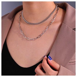 Inilbran Punk Multilayer Cuban Chain Choker Necklace Silver Paper Clip Chain Necklace Choker Vintage Chunky Link Chain Necklace Gothic Curb Chain Necklace Jewellery for Women and Girls