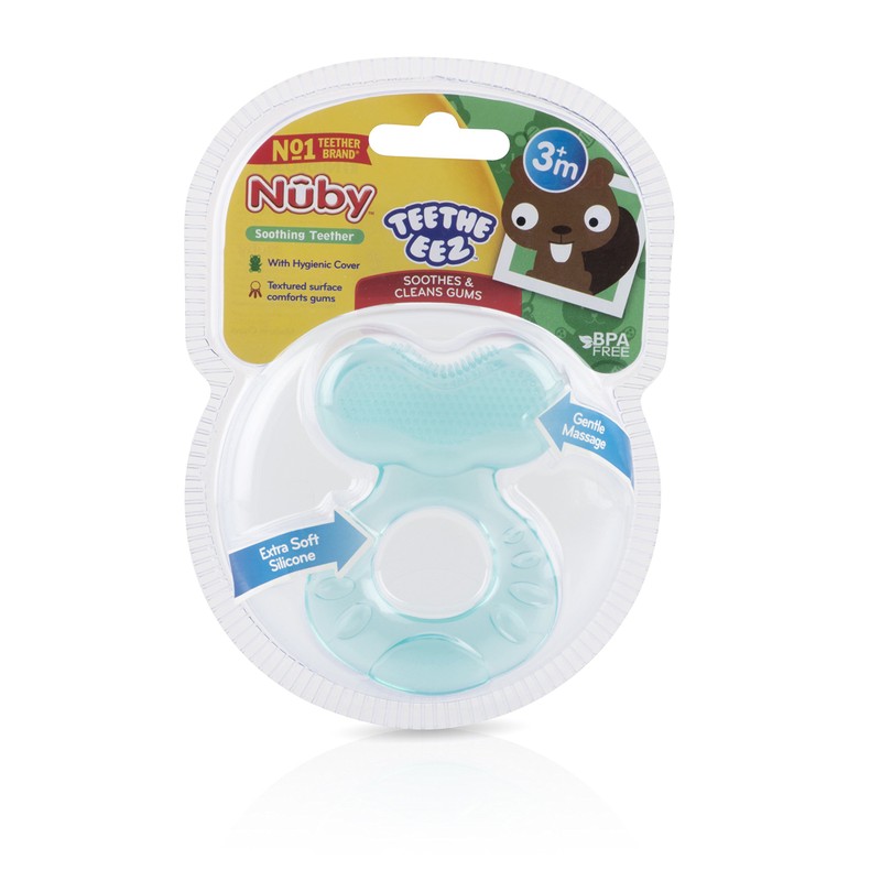 Nuby Silicone Teethe-eez Teether with Bristles, Includes Hygienic Case, Aqua