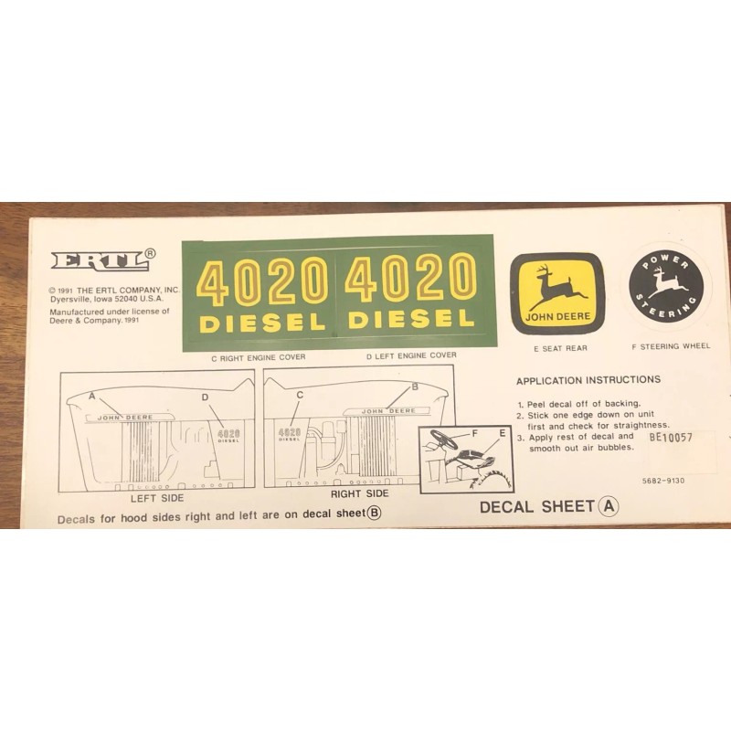 Ertl DECAL SET 4020 Wide Front John Deere Toy Pedal
