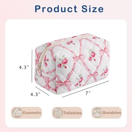 RSRSLEII Small Quilted Cotton Makeup Bag, Aesthetic Cosmetic Bag, Cute Floral Makeup Pouch, Kawaii Trendy Preppy Travel Toiletry Bag for Women and Girls (05 Pink Flower Bow)