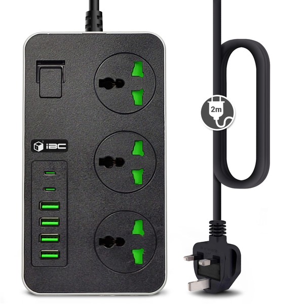 iBlockCube Universal Extension Lead with 6 USB Ports | 2 Meter Cable Power Strip Surge Protector, Wall Adapter Power Hub w/Switch | Fuse & Shutter, 3 Way Gang Socket Electrical, UK Plug (Black Gray)