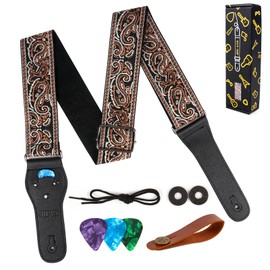 JIPIS Embroidered Cotton Guitar Strap - Adjustable Length with Anti Slip Buckles, Free Head Strap, 3 Guitar Picks (GS-08-4 Brown Embroidery)