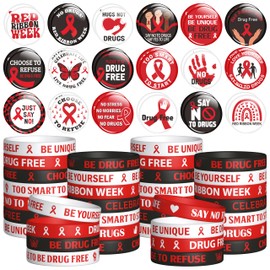 WATINC Ribbon Pins Accessories Set - 72Pcs Health Awareness Silicone Stretch Wristbands and Button Pin, Motivational Bracelet with Inspirational Message for Men Women (Drug Free Red Ribbon Week)