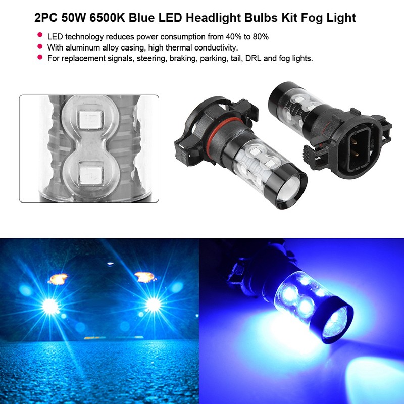 2PC 50W 6500K Blue LED Headlight Bulbs Kit Fog Light
