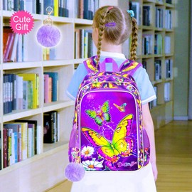 ZLYERT 16" Butterfly Backpack for Girls, 3Pcs Kids School Backpacks with Lunch Box, Bookbag for Elementary Preschool Kindergarten(Purple)