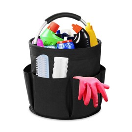 GIDWRIY Putzmittel Organizer Tragbar,Putzkorb Organizer Cleaning Caddy,Reinigungstasche mit Griff und 6 Fächern,Behälter für Putzutensilien Organizer Putztasche,Reinigungsmittel Aufbewahrung-Schwarz