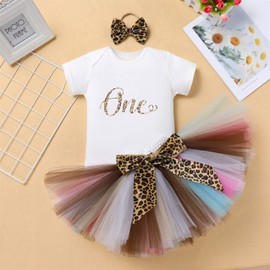 Farm Cow Giraffe Themed Party Outfit for Baby Girl 1st Birthday Princess Onesies+Tutu Rainbow Skirt Set+Headband Photo Shoot, Cheetah - Leopard, 9-12 Months