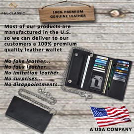 F&L CLASSIC RFID Blocking Mens Tri-fold Long Style Cowhide Leather Steel Chain Wallet,brown eagle/flag,212-101