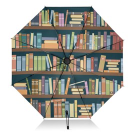 ALAZA Folding Umbrella Bookshelves Of Books Library Compact Travel Umbrella Automatic Open Close, Inverted Umbrella for Rain Windproof Sun Umbrella UV Protection Large Portable Reverse Umbrella