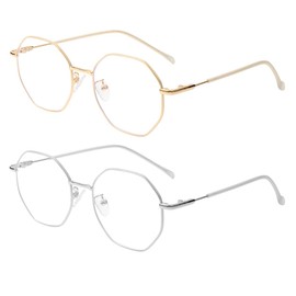 WHHJM Polygon Blue Light Blocking Glasses for Women Men Retro Octagon Square Non-prescription Metal Frame Eyeglasses (Gold+Silver)