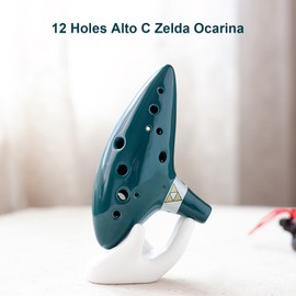 12 Holes Alto C Ocarina Ceramic Vessel Flute Wind Musical Instrument with Musicbook Lanyard Display Stand Musical Gift for Beginners