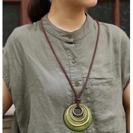 Popeoiuh Vintage Leather Necklace with Handmade Green Wooden Pendant - Long Cord Boho Sweater Necklaces for Women and Men