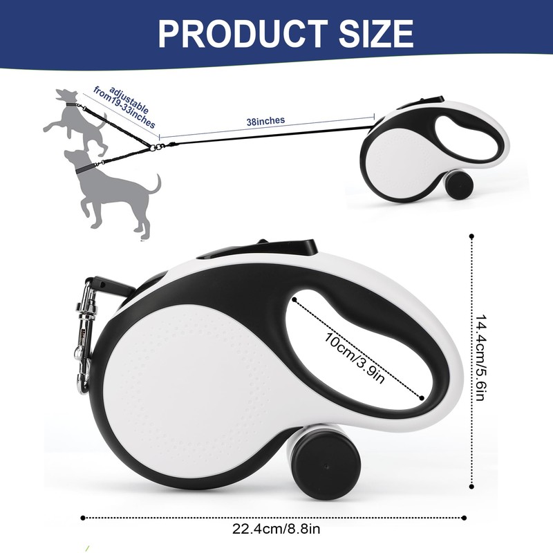 Dual Retractable Dog Leash for 2 Large Dogs (Up to