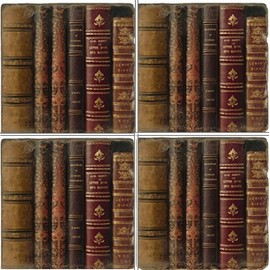 Studio Vertu, Set of 4, Leather Books Tumbled Botticino Marble 4.25" Coasters