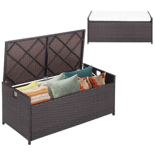 HAPPYGRILL 34 Gallon Patio Storage Bench Deck Box, 3-in-1 Rattan