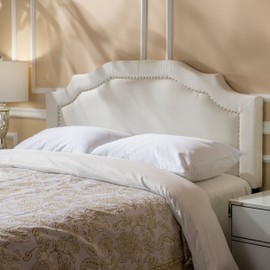 roomfitters Adjustable Fabric Headboard for Queen and Full Size Bed with Curved Silhouette and Nailhead Trim, Ivory