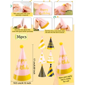 Rcanedny 36 Pcs Birthday Party Cone Hats with Pom Poms Paper Party Hats for Birthday Family New Year Celebration Party Supplies, 6 styles