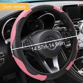 Car Steering Wheel Cover, Microfiber PU Leather Elastic Carbon Fiber Auto Steering Wheel Protector, 15 Inch Breathable Anti-Slip for Women Men, Car Interior Accessories for Most Cars (Black/Pink)