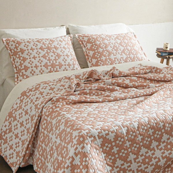 softpage Coral Blush Pink Quilt，Lycell Cotton Pixel Cross Grid Twin