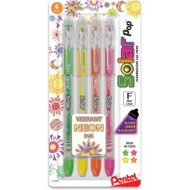 Pentel Solar Pop Neon Gel Pen, 0.6mm Fine 4 Count (Pack of 1), Assorted Color