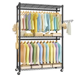 SONGMICS Heavy-Duty Rolling Clothes Rack, Garment Rack, Portable Closet, 43.3-Inch Wide Clothing Rack on Wheels, with Adjustable Mesh Shelves and Hanging Rails, Hooks, Ink Black ULGR414B01