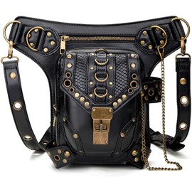 Malayas Cestlafit Leather Vintage Shoulder Bag, Steampunk Punk Handbag, Leather Waist Packs Bag, Leg Bag Gothic, Black, CFB002