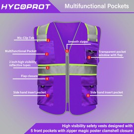 HYCOPROT High Visibility Reflective Safety Vests with Zipper and 8 Pockets, Meets ANSI/ISEA Standards