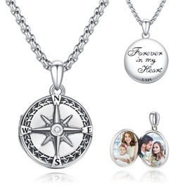 REDSUN Locket Necklace 925 Sterling Silver Tree of Life/Compass/Sunflower Heart Locket/Wolf Locket Photo Locket Jewellery for Women Girls, Sterling Silver