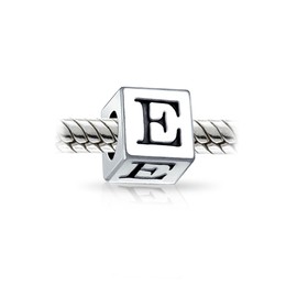 Block Letter E Alphabet Initial Charm Bead For Women For Teen .925 Sterling Silver For European Bracelet