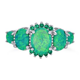 Gemstone 5 Stone Oval Green Created Opal Half Eternity Band Ring For Women .925 Sterling Silver Thin 1MM Band October Birthstone