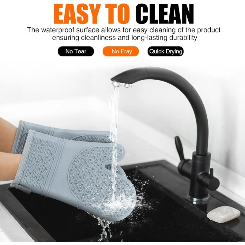 HESEE Silicone Oven Mitts, Heat Resistant 2PCS Mitts with Soft