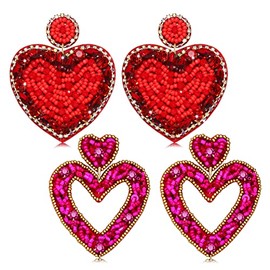 VOGUEKNOCK 2 Pairs Valentine's Day Heart Earrings Beaded Rhinestone Heart Statement Drop Earrings Valentine's Day Gifts for Women (Red,Hot Pink)