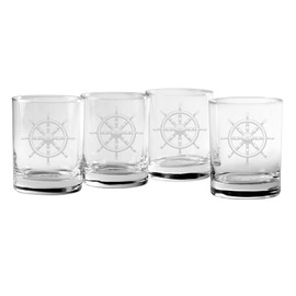 Susquehanna Glass Company Happy Hour Glassware Nautical Ship Wheel, 14 oz. Double on the Rocks, Wrap, Satin, Set of 4