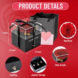 Preserved Real Rose with Necklace Earrings Set, Eternal Rose Flowers Gifts for Anniversary Birthday Valentine's Day Mothers Day Christmas (Red)