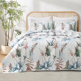 HORIMOTE HOME Botanical Quilt Set King Size 3 Pieces, Green Blue Maguey Floral Printed Reversible Bedspreads Bed Coverlet, Soft and Lightweight Tropical Plants Bedding Sets for All Season