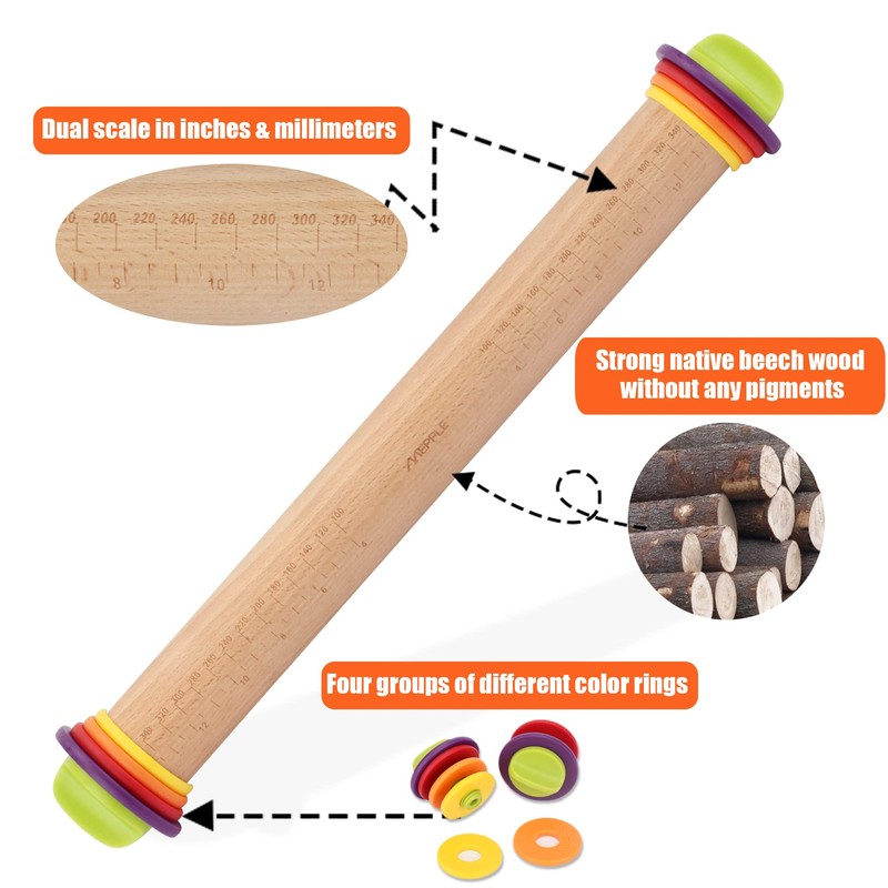 Mepple Rolling Pin with Thickness Rings for Baking,Fondant, Pizza, Pie