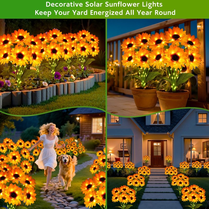 Solar Sunflower Lights Outdoor Garden Decor, 6 Pack Solar Flowers