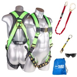 Palmer Safety Fall Protection Safety Harness SLKR Kit I 5pt Full Body Harness, 6' Single Lanyard w/Rebar Hook, 18" D-Ring Extender, Safety Glasses & Kit Bag (Hi Vis Green - Universal)