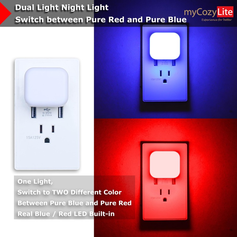 myCozyLite Dual Light Night Light Plug in, Red and Blue