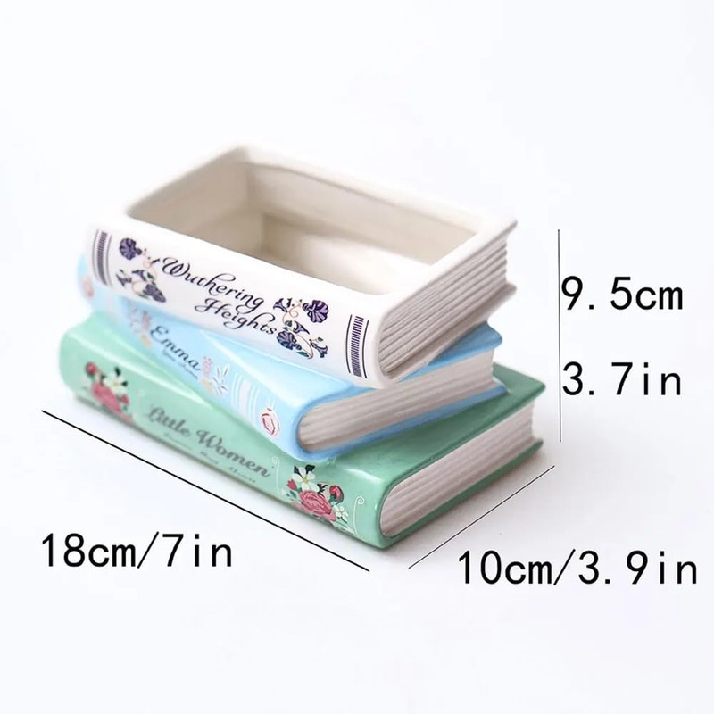 Book-Shaped Decorative Ceramic Planter, Indoor Flower Pots with Drainage Hole,